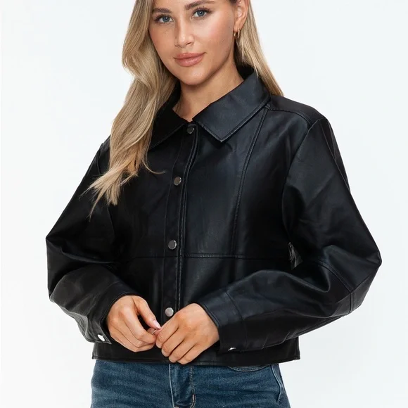 Snobbish Snap Down Long Sleeve PU Leather Jacket - Picture 5 of 12